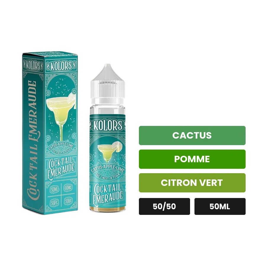 E-liquide Cocktail Emeraude de Kolors, 50 ml, saveurs cactus, pomme et citron vert.
