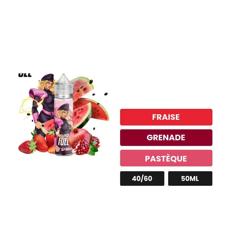 E-liquide Lady Shigeri de Fumytech, 50 ml, saveurs fraise, grenade et pastèque.