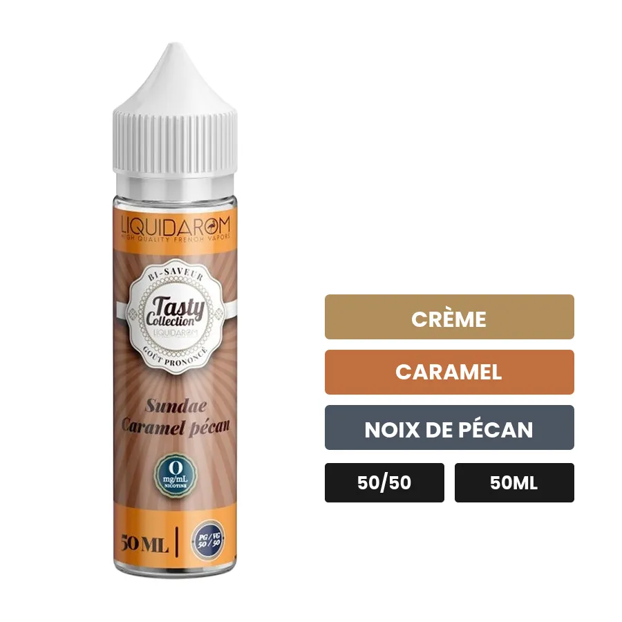 E-liquide Sundae Caramel Pécan de Liquidarom, 50 ml, saveurs crème, caramel et noix de pécan.
