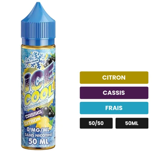 E-liquide Cassis Citron d'Ice Cool, 50 ml, saveurs citron, cassis et frais.