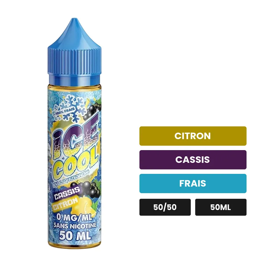 E-liquide Cassis Citron d'Ice Cool, 50 ml, saveurs citron, cassis et frais.