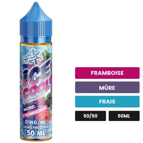 E-liquide Mûre Framboise d'Ice Cool, 50 ml, saveurs framboise, mûre et frais.