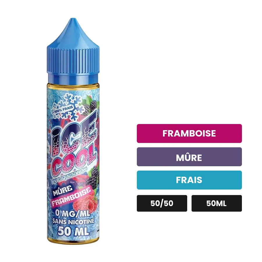 E-liquide Mûre Framboise d'Ice Cool, 50 ml, saveurs framboise, mûre et frais.