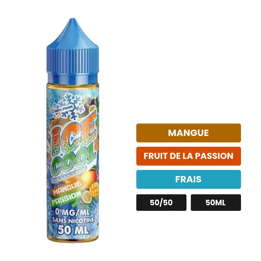 E-liquide Mangue Passion d'Ice Cool, 50 ml, saveurs mangue, fruit de la passion et frais.