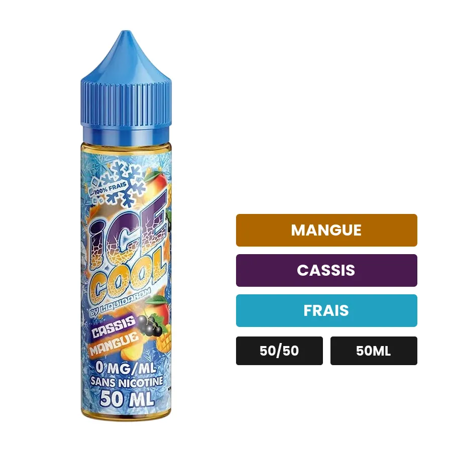 E-liquide Cassis Mangue de Liquidarom, 50 ml, saveurs mangue, cassis et frais.