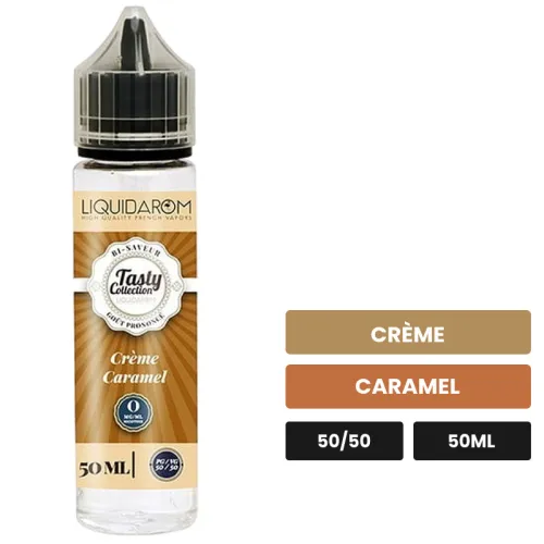 E-liquide Crème Caramel de Liquidarom, 50 ml, saveurs crème et caramel.