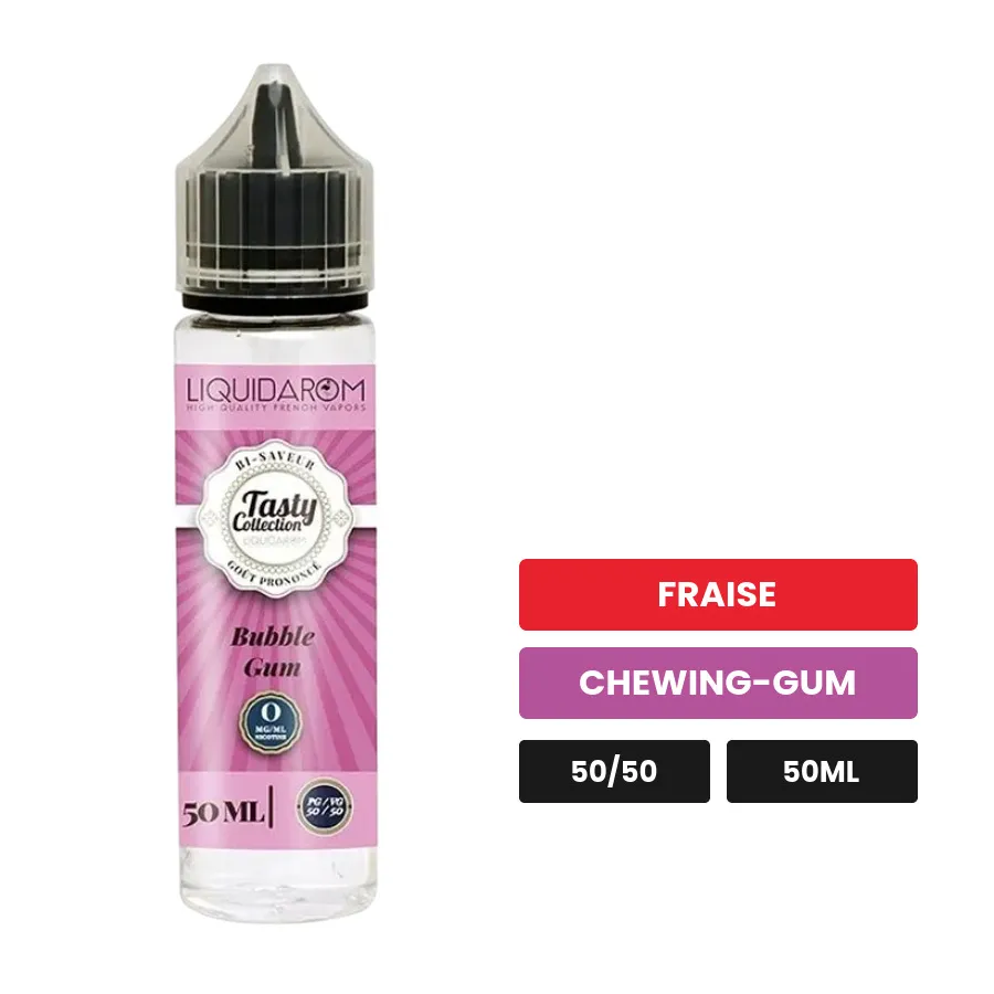 E-liquide Bubble Gum de Liquidarom, 50 ml, saveurs fraise et chewing-gum.