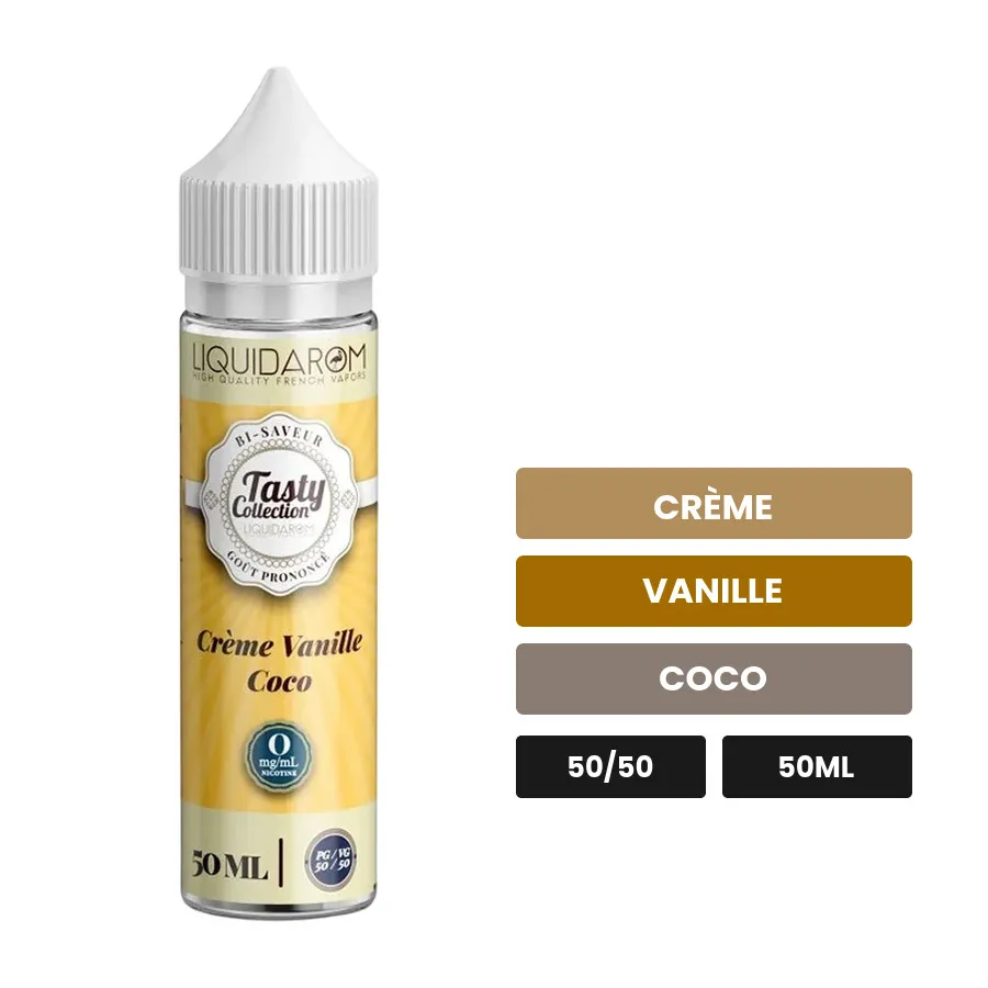 E-liquide Crème Vanille Coco de Liquidarom, 50 ml, saveurs crème, vanille et coco.