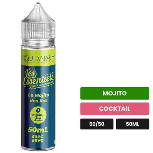 E-liquide Le Mojito Des Iles de Les Essentiels, 50 ml, saveurs mojito et cocktail.