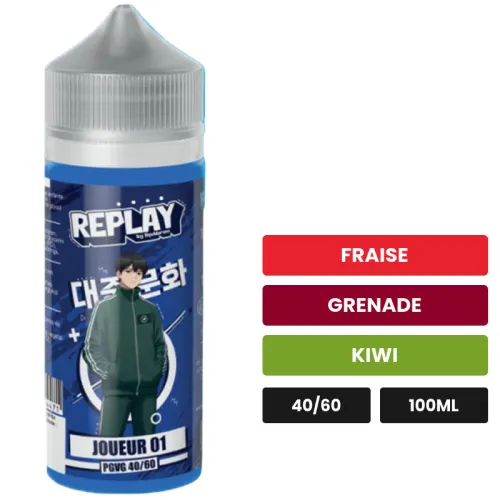 E-liquide Joueur 01 de Liquidarom, 100 ml, saveurs fraise, grenade et kiwi.