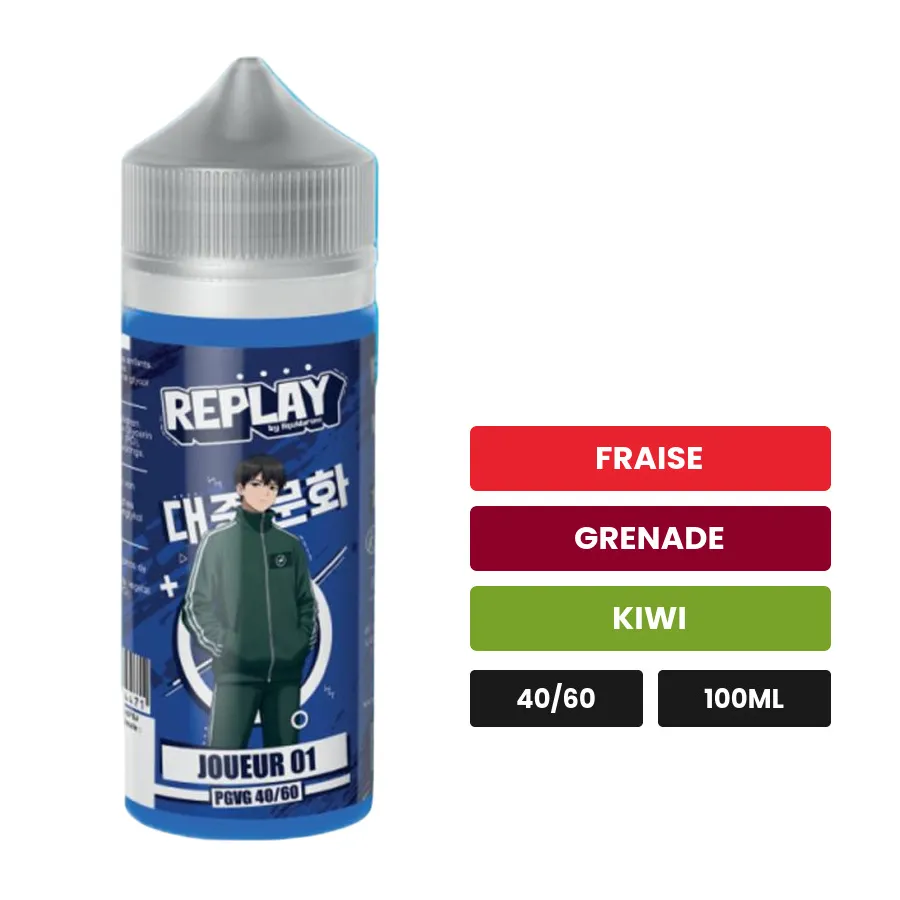 E-liquide Joueur 01 de Liquidarom, 100 ml, saveurs fraise, grenade et kiwi.