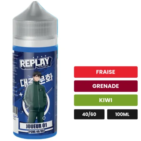 E-liquide Joueur 01 de Liquidarom, 100 ml, saveurs fraise, grenade et kiwi.