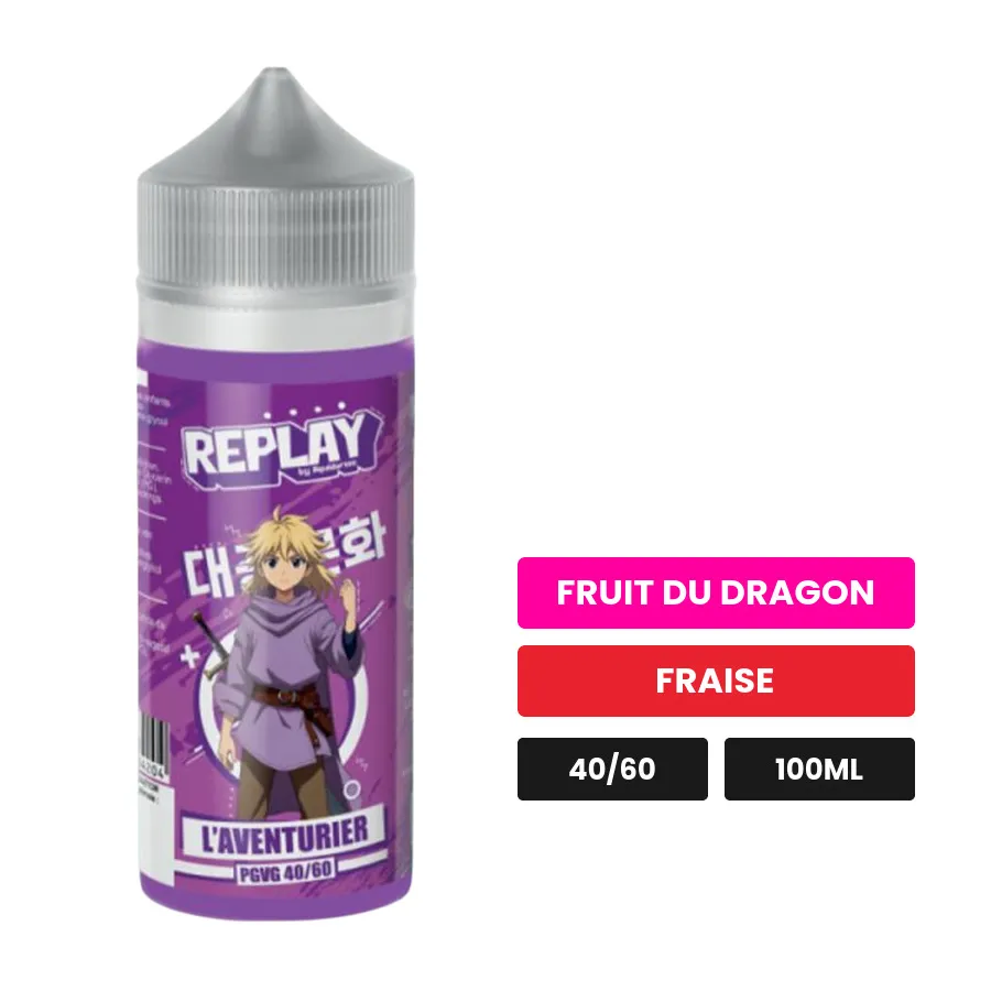E-liquide L'Aventurier de Liquidarom, 100 ml, saveurs fruit du dragon et fraise.