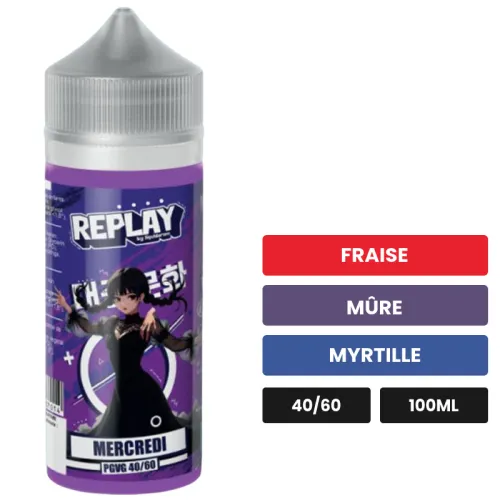 E-liquide Mercredi de Liquidarom, 100 ml, saveurs fraise, mûre et myrtille.
