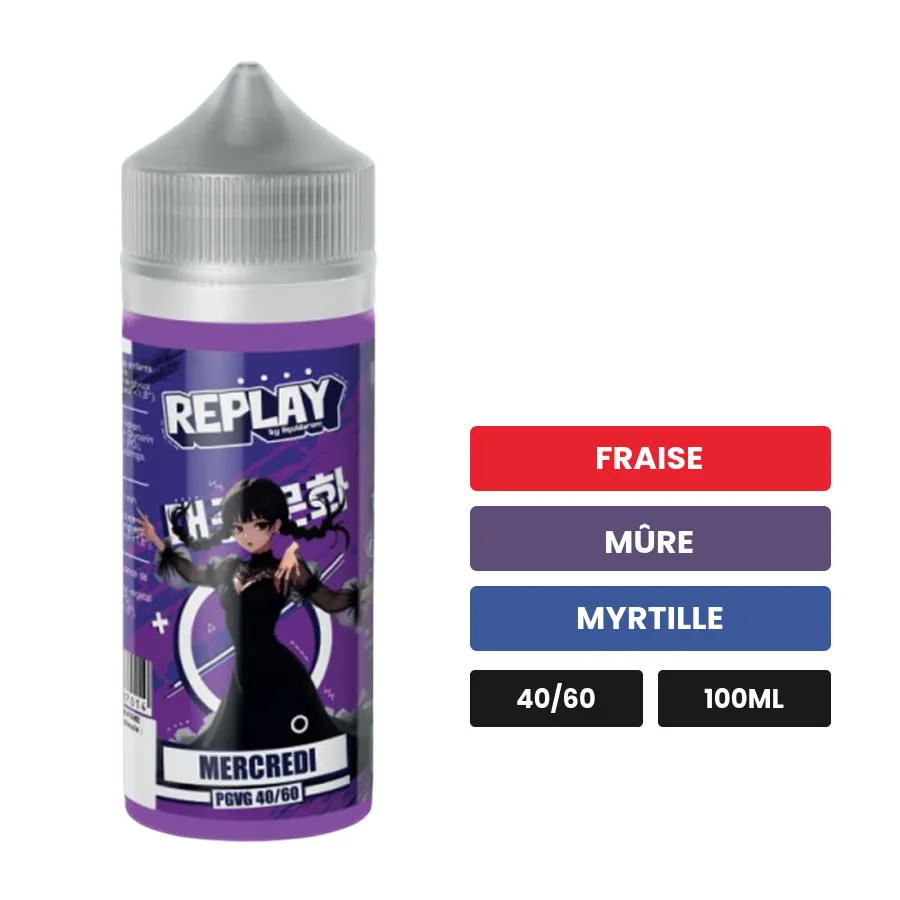 E-liquide Mercredi de Liquidarom, 100 ml, saveurs fraise, mûre et myrtille.