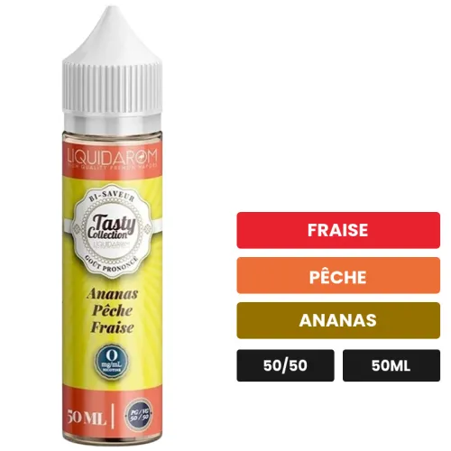 E-liquide Ananas Pêche Fraise de Liquidarom, 50 ml, saveurs fraise, pêche et ananas.