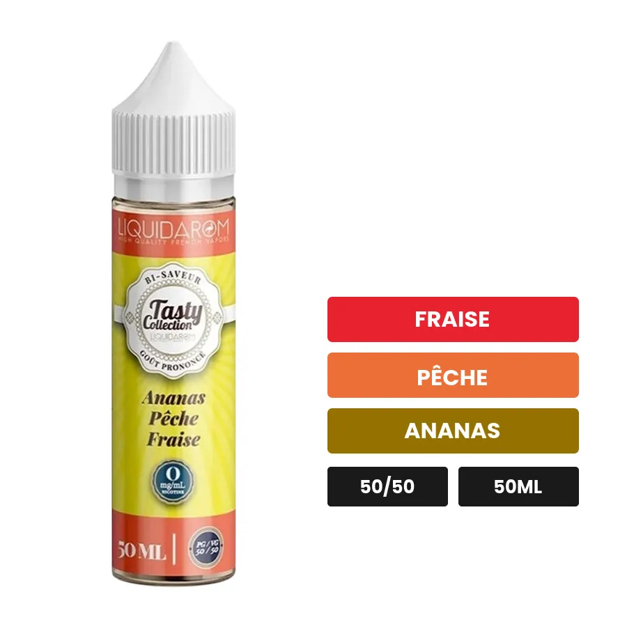 E-liquide Ananas Pêche Fraise de Liquidarom, 50 ml, saveurs fraise, pêche et ananas.