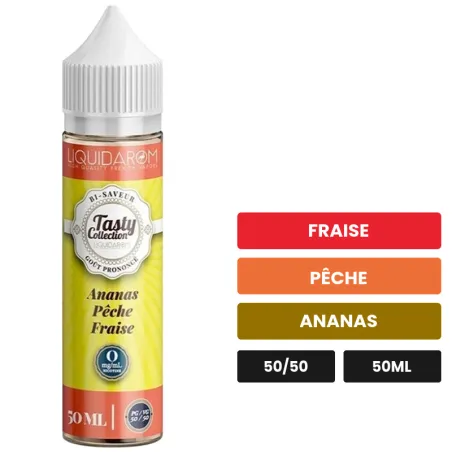 E-liquide Ananas Pêche Fraise de Liquidarom, 50 ml, saveurs fraise, pêche et ananas.