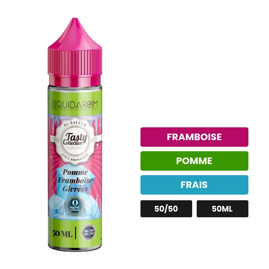 E-liquide Pomme Framboise Givrés de Liquidarom, 50 ml, saveurs framboise, pomme et frais.