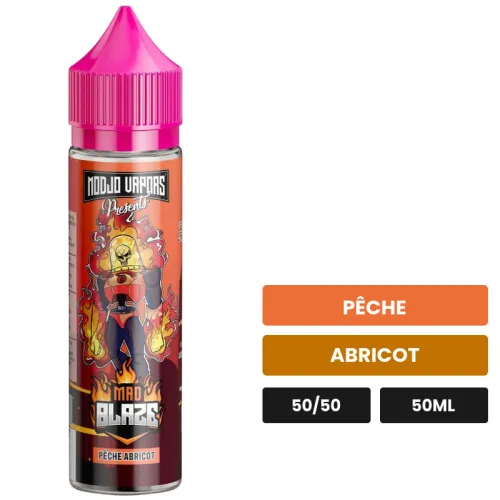 E-liquide Mad Blaze de Liquidarom, 50 ml, saveurs pêche et abricot.