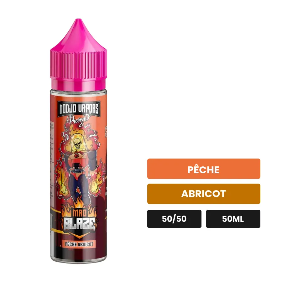 E-liquide Mad Blaze de Liquidarom, 50 ml, saveurs pêche et abricot.