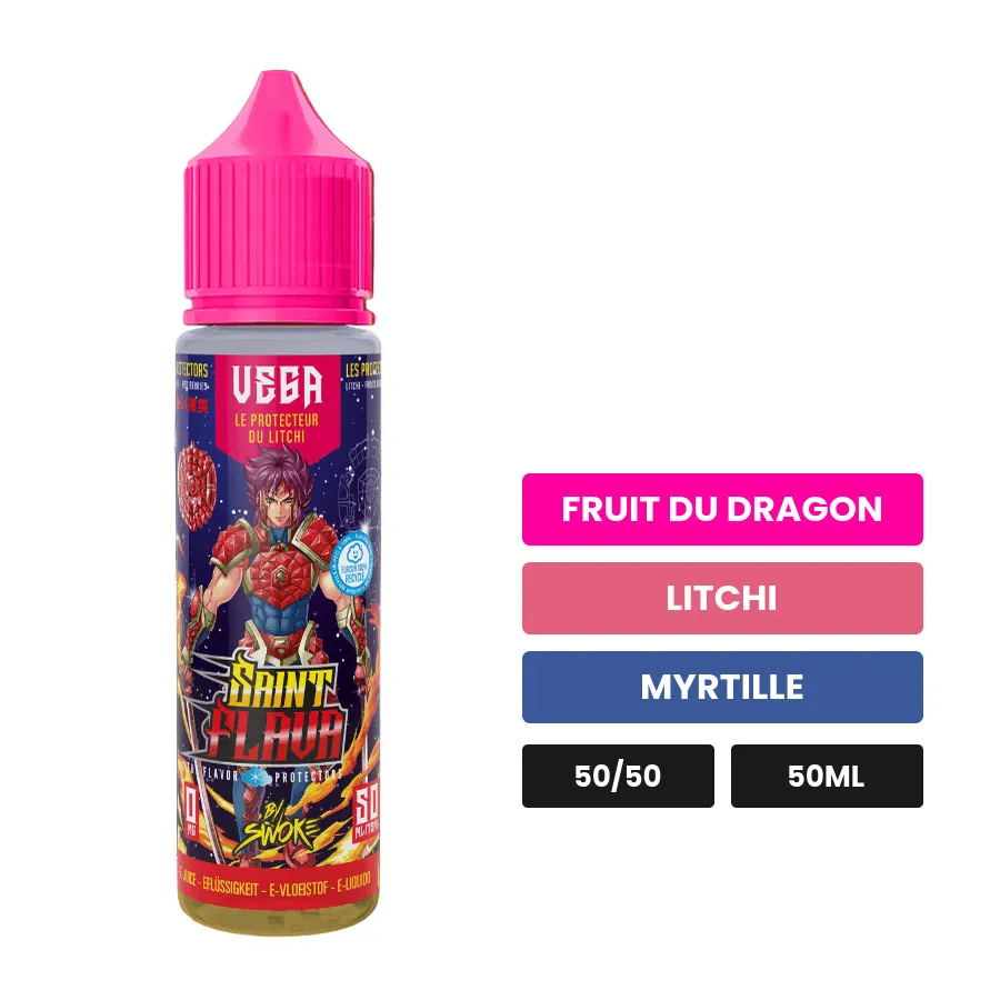 E-liquide Vega de Swoke, 50 ml, saveurs fruit du dragon, litchi et myrtille.
