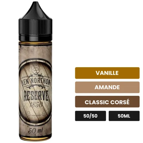E-liquide Réserve 1850 de Ben Northon, 50 ml, saveurs vanille, amande et classic corsé.