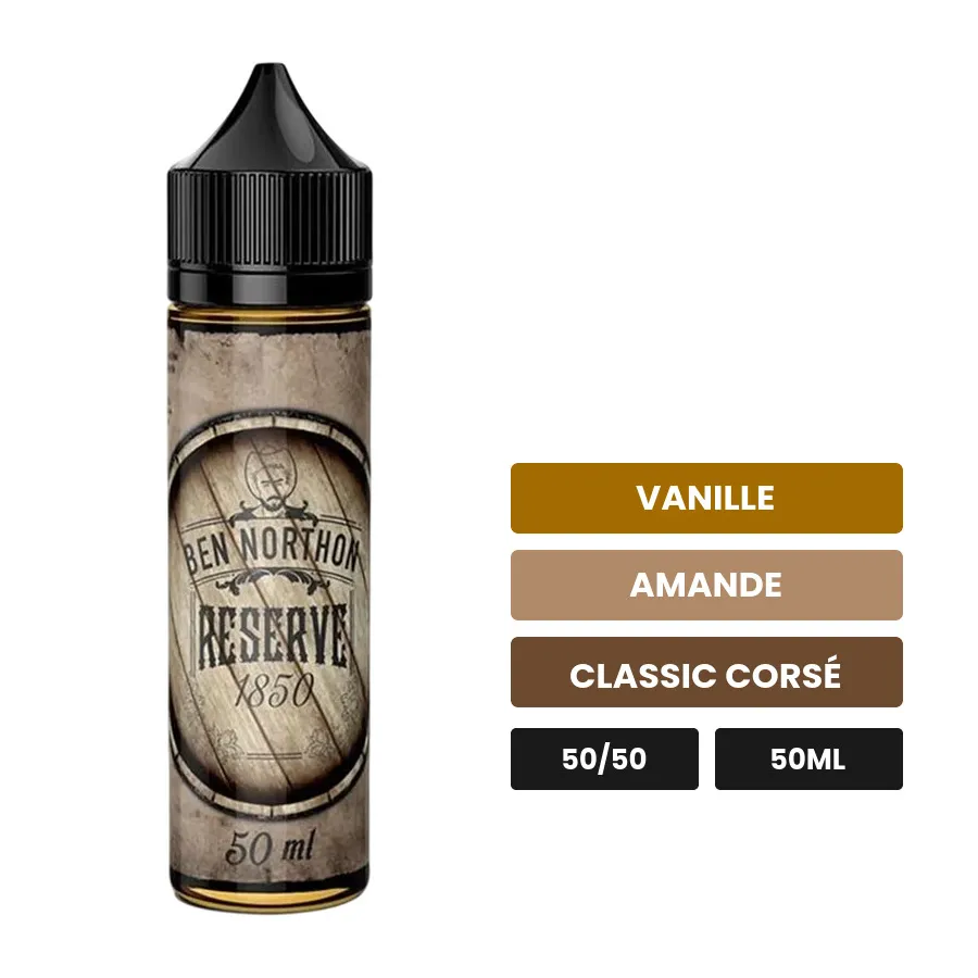 E-liquide Réserve 1850 de Ben Northon, 50 ml, saveurs vanille, amande et classic corsé.