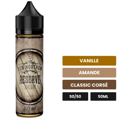 E-liquide Réserve 1850 de Ben Northon, 50 ml, saveurs vanille, amande et classic corsé.