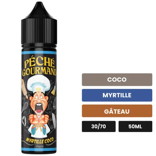 E-liquide Myrtille Coco Péché Gourmand d'O'Jlab, 50 ml, saveurs coco, myrtille et gâteau.