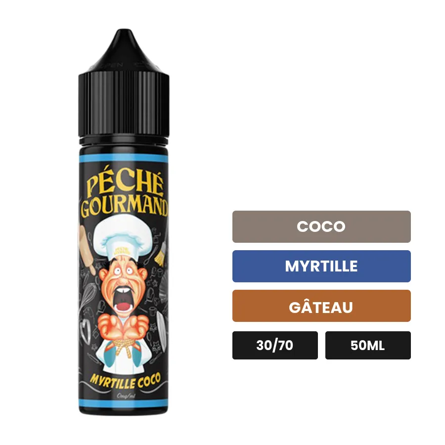 E-liquide Myrtille Coco Péché Gourmand d'O'Jlab, 50 ml, saveurs coco, myrtille et gâteau.
