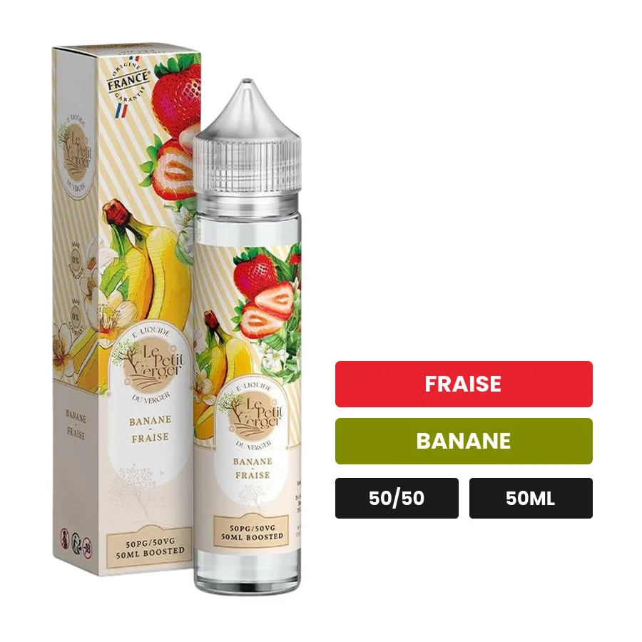 E-liquide Banane Fraise de Savourea, 50 ml, saveurs fraise et banane.