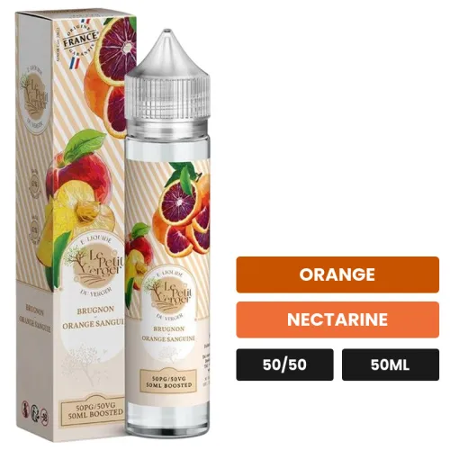 E-liquide Brugnon Orange Sanguine de Savourea, 50 ml, saveurs orange et nectarine.