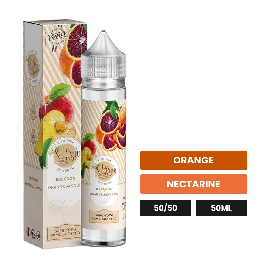 E-liquide Brugnon Orange Sanguine de Savourea, 50 ml, saveurs orange et nectarine.
