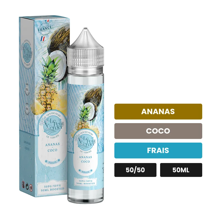E-liquide Ananas Coco de Savourea, 50 ml, saveurs ananas, coco et frais.