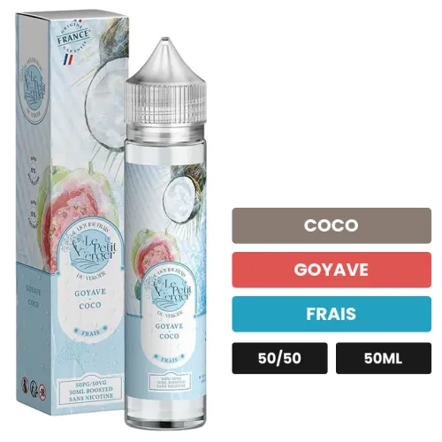 E-liquide Goyave Coco de Savourea, 50 ml, saveurs coco, goyave et frais.