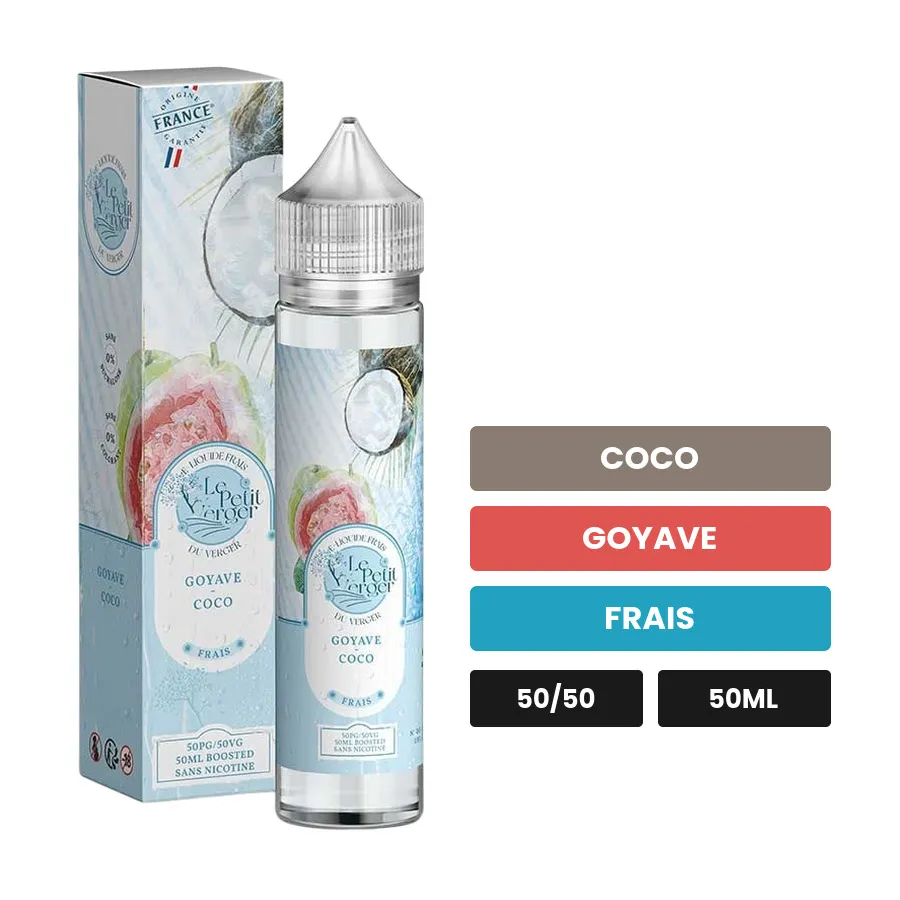 E-liquide Goyave Coco de Savourea, 50 ml, saveurs coco, goyave et frais.