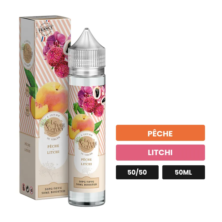 E-liquide Peche Litchi de Savourea, 50 ml, saveurs pêche et litchi.