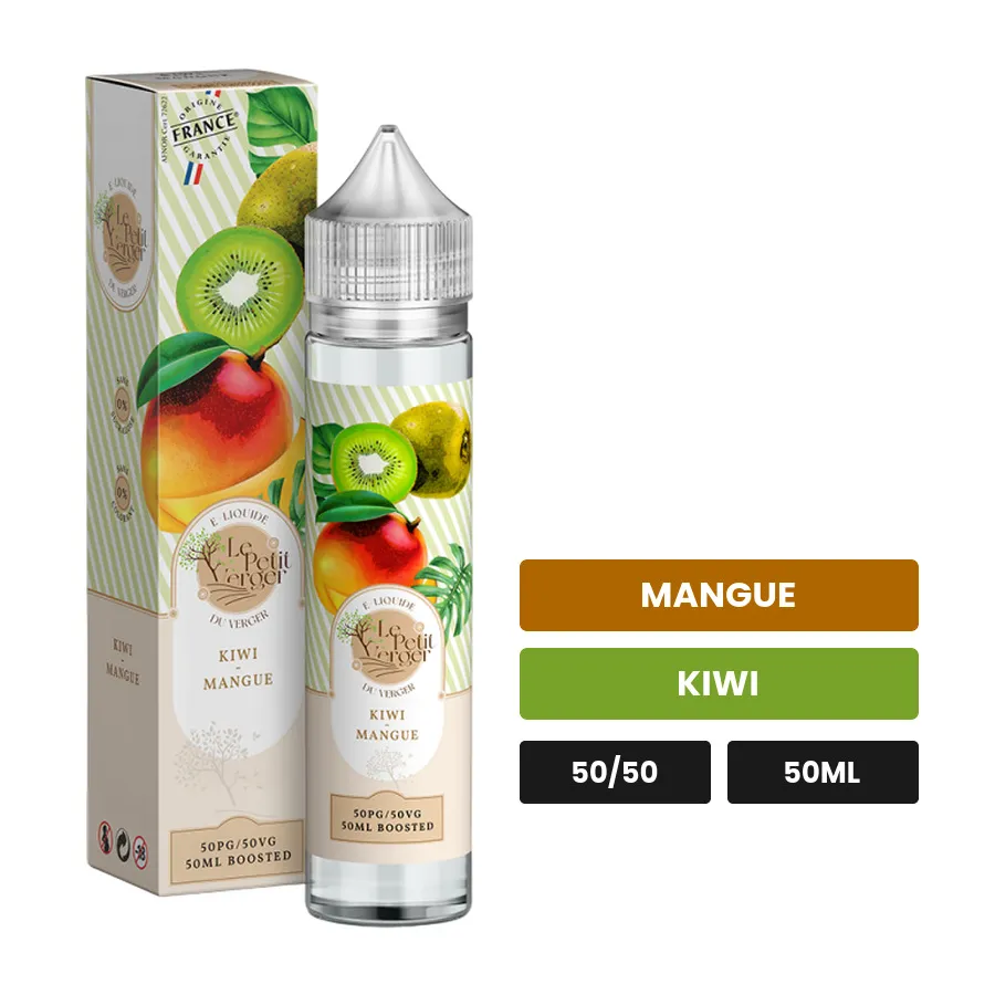 E-liquide Kiwi Mangue de Savourea, 50 ml, saveurs mangue et kiwi.