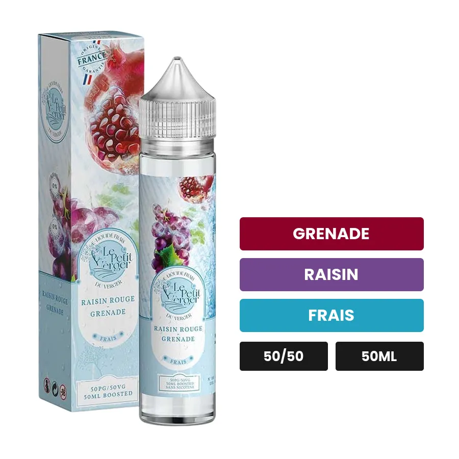 E-liquide Raisin Rouge Grenade de Savourea, 50 ml, saveurs grenade, raisin et frais.