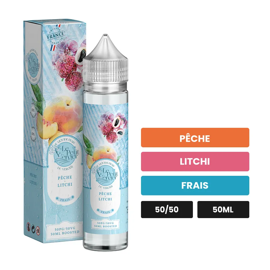 E-liquide Pêche Litchi de Savourea, 50 ml, saveurs pêche, litchi et frais.