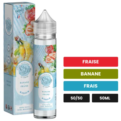 E-liquide Banane Fraise de Savourea, 50 ml, saveurs fraise, banane et frais.