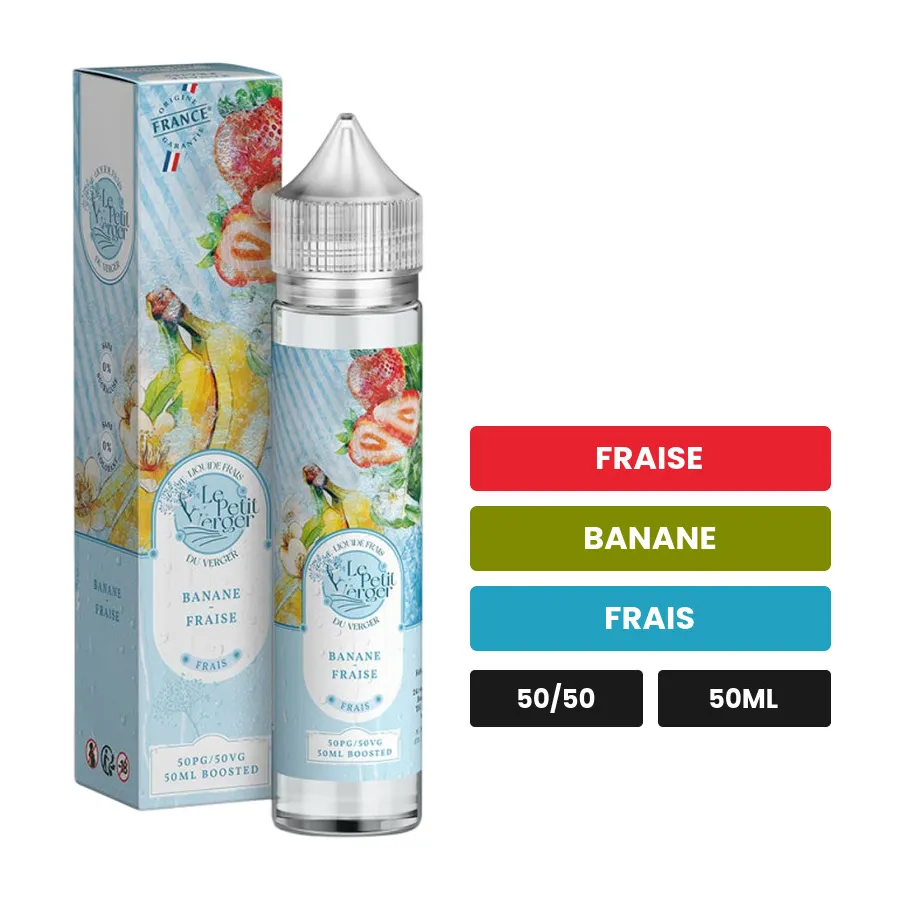E-liquide Banane Fraise de Savourea, 50 ml, saveurs fraise, banane et frais.