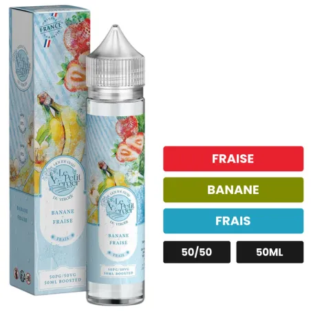 E-liquide Banane Fraise de Savourea, 50 ml, saveurs fraise, banane et frais.