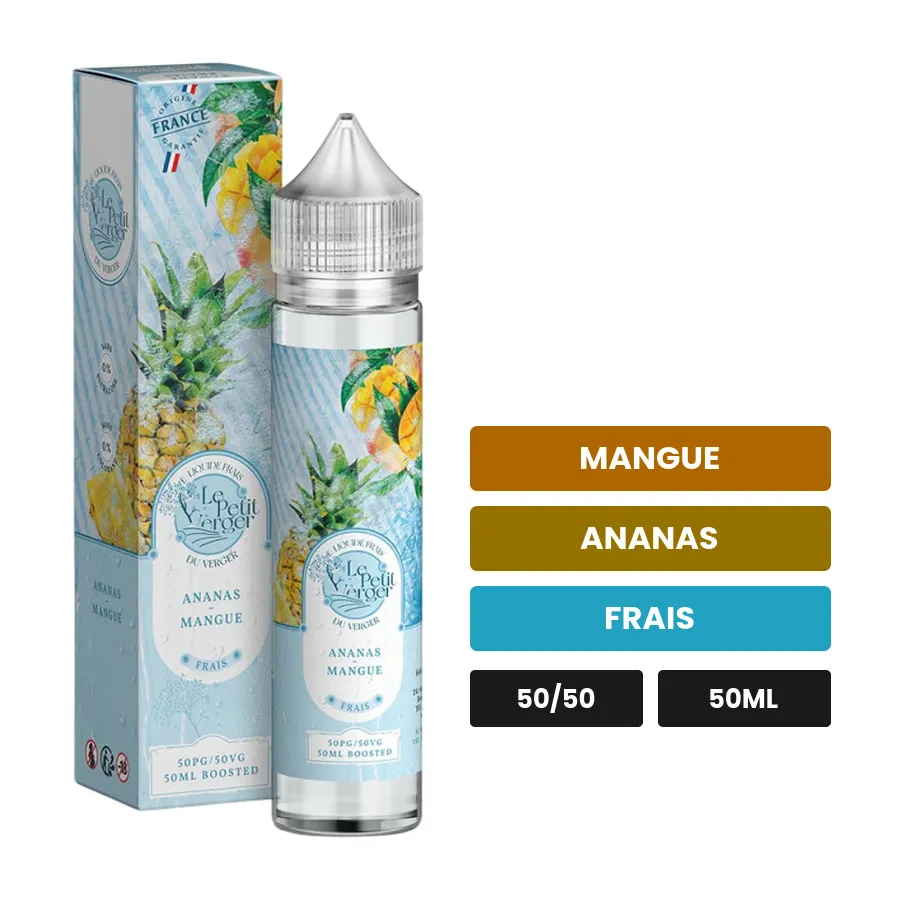 E-liquide Ananas Mangue de Savourea, 50 ml, saveurs mangue, ananas et frais.