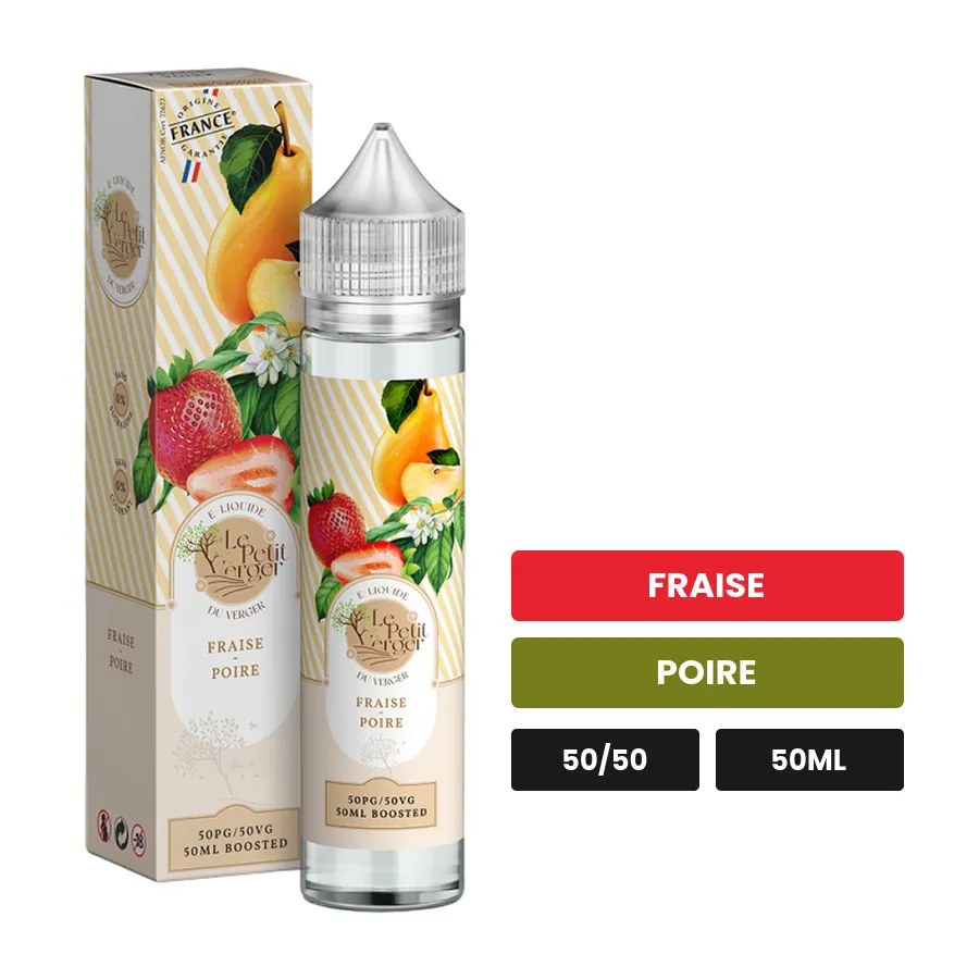 E-liquide Fraise Poire de Savourea, 50 ml, saveurs fraise et poire.