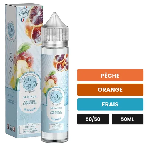 E-liquide Brugnon Orange Sanguine de Savourea, 50 ml, saveurs pêche, orange et frais.