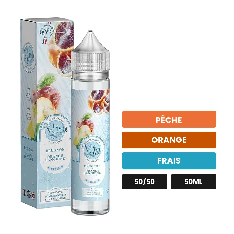 E-liquide Brugnon Orange Sanguine de Savourea, 50 ml, saveurs pêche, orange et frais.