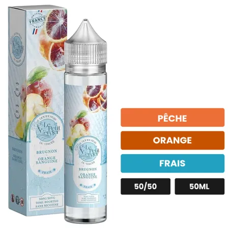 E-liquide Brugnon Orange Sanguine de Savourea, 50 ml, saveurs pêche, orange et frais.