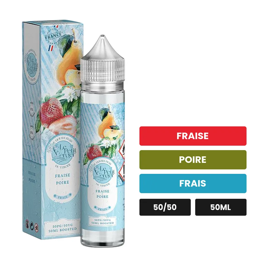 E-liquide Fraise Poire de Savourea, 50 ml, saveurs fraise, poire et frais.
